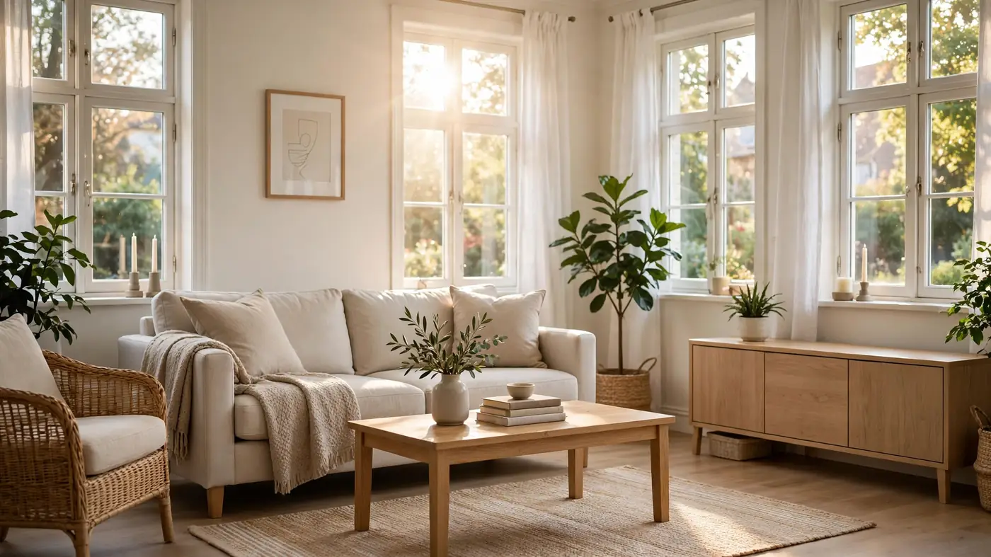 Bright organized living room after professional hoarding cleanup in Des Moines